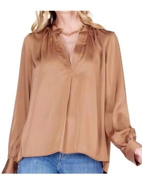 NWT Joy Joy Coco V Neck long Sleeve Bronze Blouse Top Size Medium